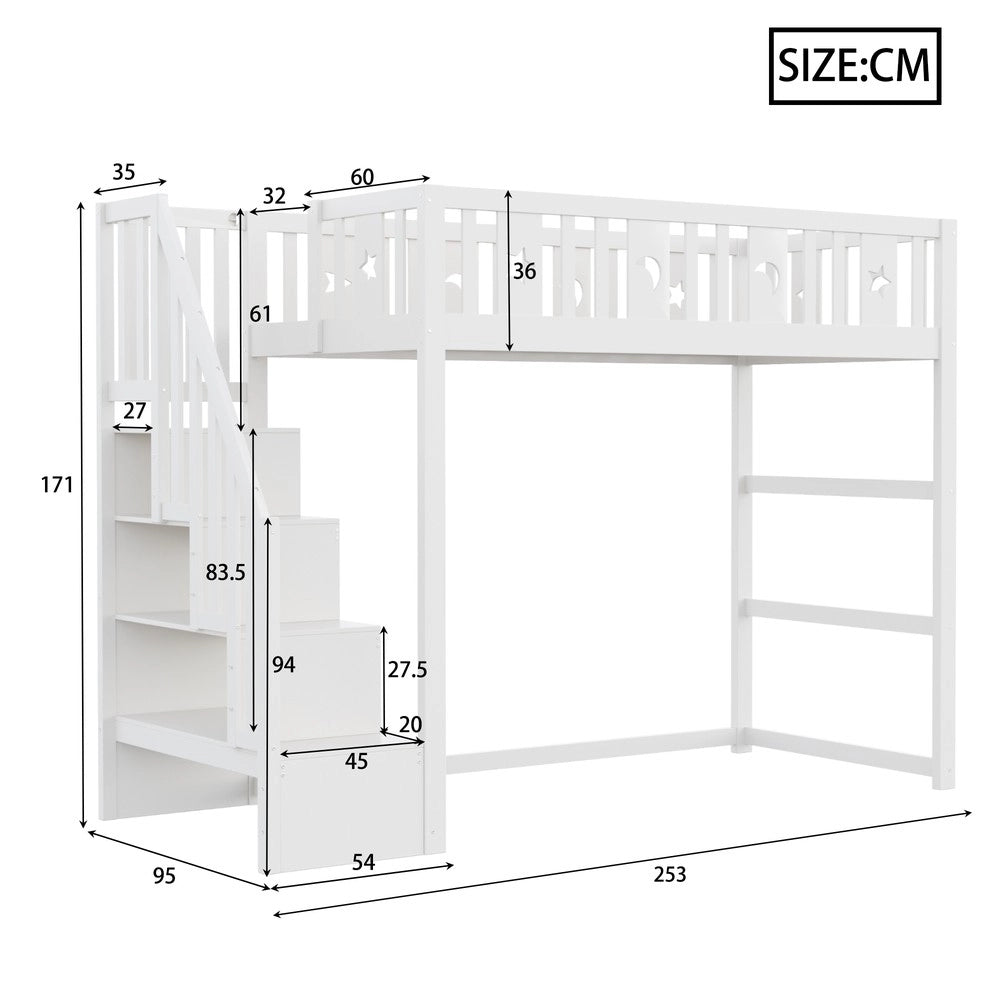 Letto a Castello per Bambini in Legno Massello con Scala ¨C MINIMAL ¨C Bianco 90x200