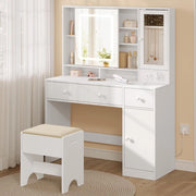 WOLTU Toeletta con Cassetti per Gioielli e Grande Specchio, Sedia da Make Up, Seduta Imbottita, Specchio a Luce LED Regolabile, Tavolo da Trucco con Prese, Cassetti e Ripiani, Bianco