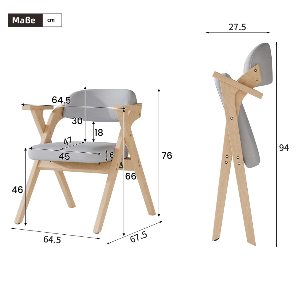 2 sedie da pranzo pieghevoli in legno massello, tessuto effetto lino grigio, con braccioli, salvaspazio