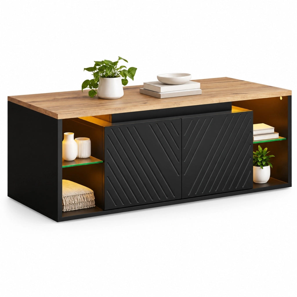 TAVOLINO da caffè 100x50x41 cm Nero con LED e ripiani semiaperti