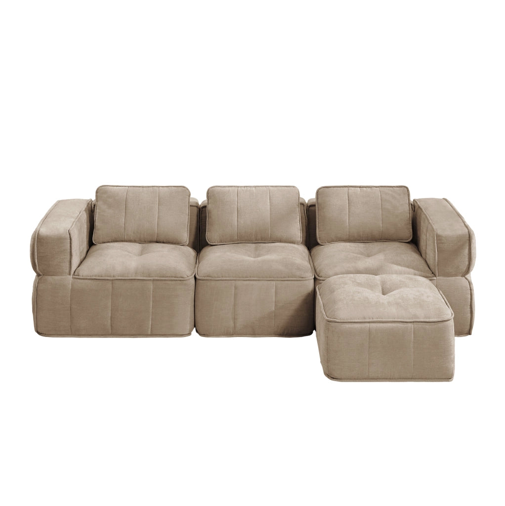 Divano modulare angolare 3 posti con pouf 271x162x67 cm in poliestere color sabbia