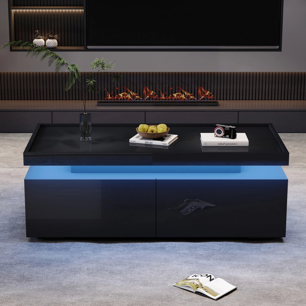 Tavolino da caffè con LED e 2 cassetti 95x45x35 cm in pannello truciolare nero