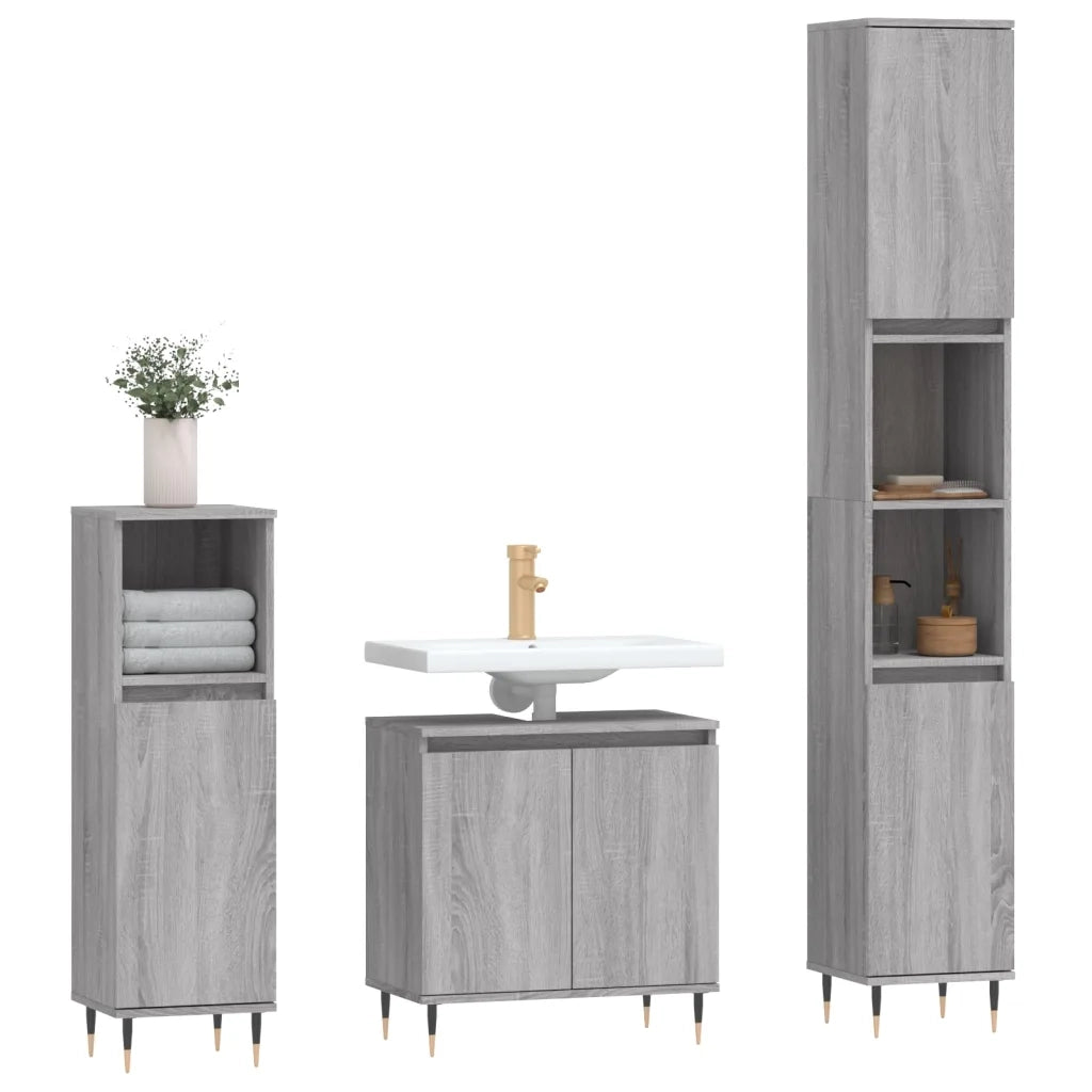 Set Mobili da Bagno | Armadio da bagno 3 pz Grigio Sonoma in Legno Multistrato