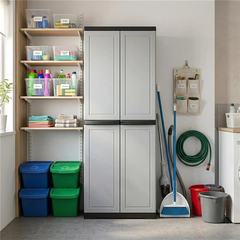 ARMADIO SLIM FOTINCISO IN RESINA CON 3 RIPIANI REGOLABILI E PREDISPOSIZIONE LUCCHETTO - COLORE GRIGIO DIMENSIONE 65X45X178H CM