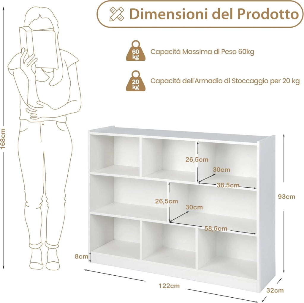 Libreria Scaffale da Terra con 8 Cubi, Libreria Multifunzione in Legno con Anti-ribaltamento, Salvaspazio per Cameretta, Soggiorno e Studio, Portata 220 kg, 122 x 32 x 93 cm (Bianco)