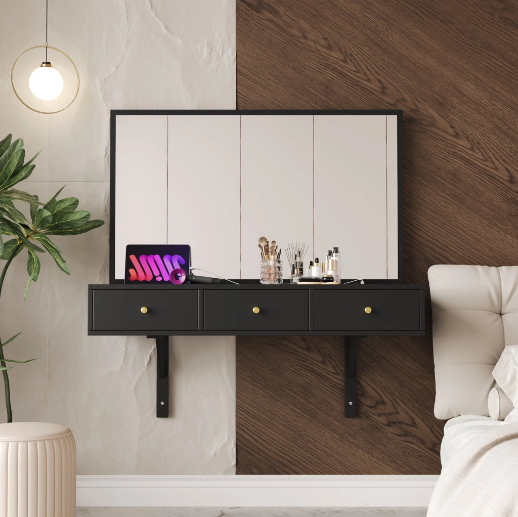 Toeletta con specchio e 3 cassetti 100x45x105 cm in pannello truciolare nero con prese integrate
