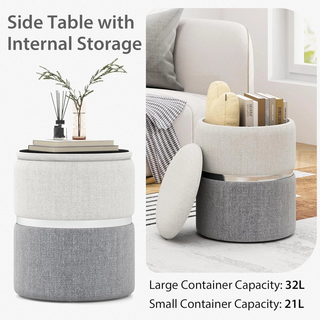 Set di 2 pouf a sacco rotondo bicolore, sgabello estraibile imbottito con ripostiglio, poggiapiedi, capacità 32 L e 21 L, tavolino compatto per soggiorno, camera da letto, ufficio