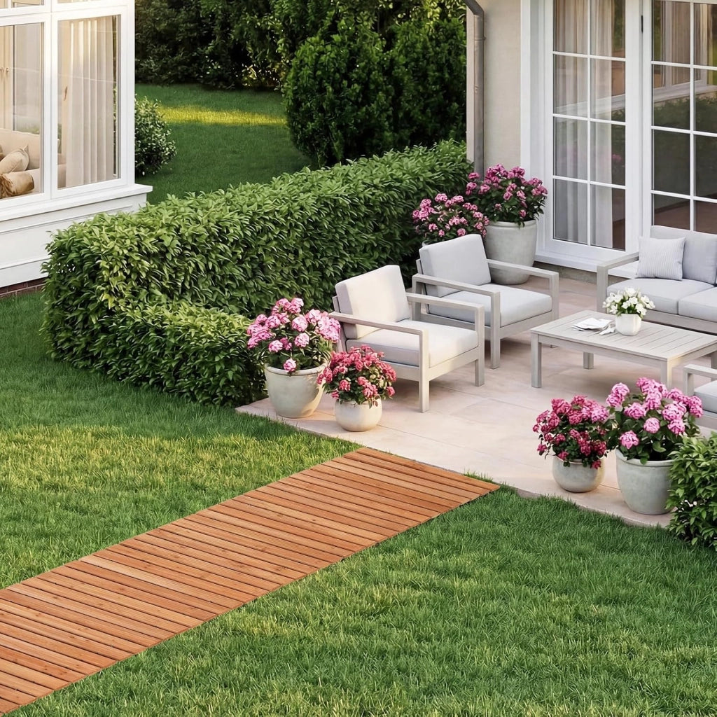 Passerella Arrotolabile per Giardino, Sentiero da Giardino con Filo di Ferro e Consistenza Antiscivolo Resistente alle Intemperie, Percorso in Legno per Cortile e Spiaggia (245 x 55 x 1,5 cm)