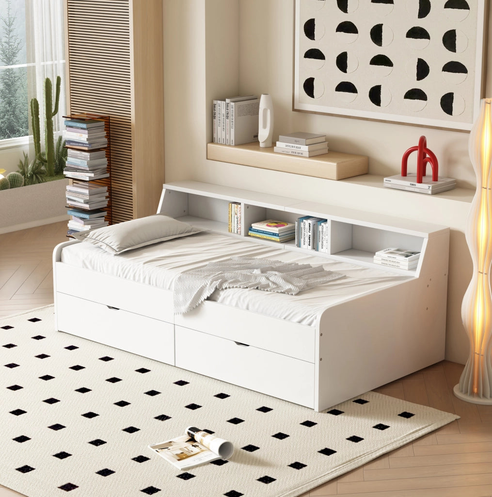Letto singolo con 2 cassetti e vani portaoggetti 90x200 cm; bianco