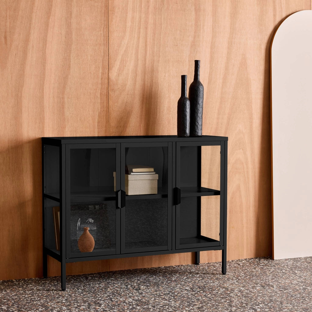 Credenza industriale in metallo e vetro temperato 3 ante, 100cm