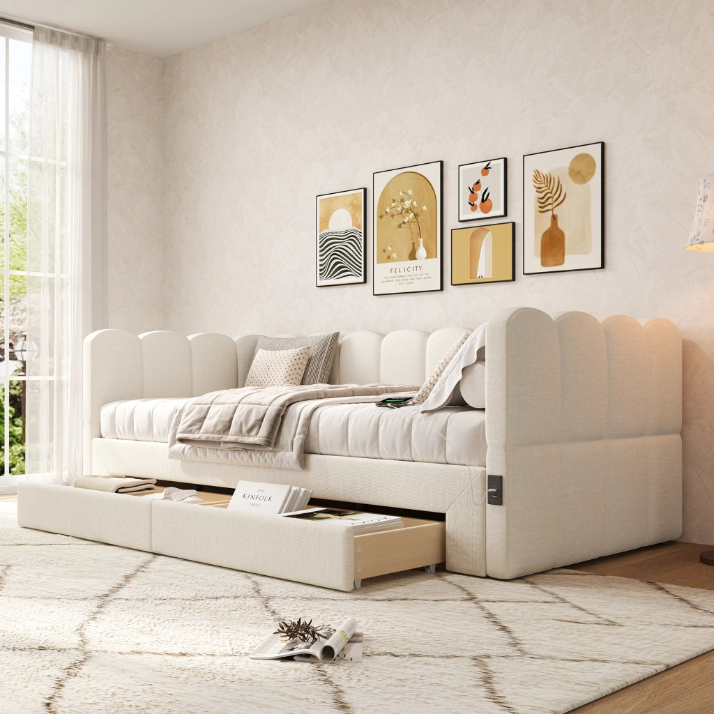 Letto estraibile 90×190 cm con 2 cassetti; USB e Type-C; estensibile a 180×190 cm; senza materasso; beige