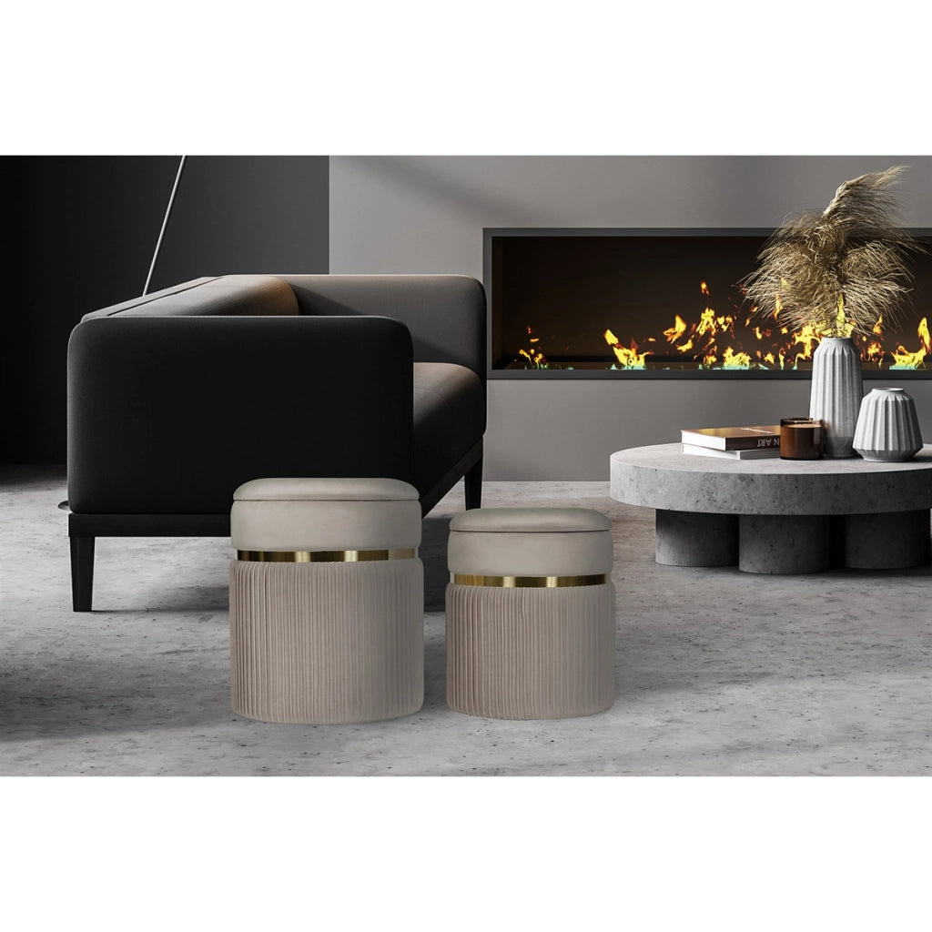 Set di 2 pouf contenitori Zora in velluto taupe e oro