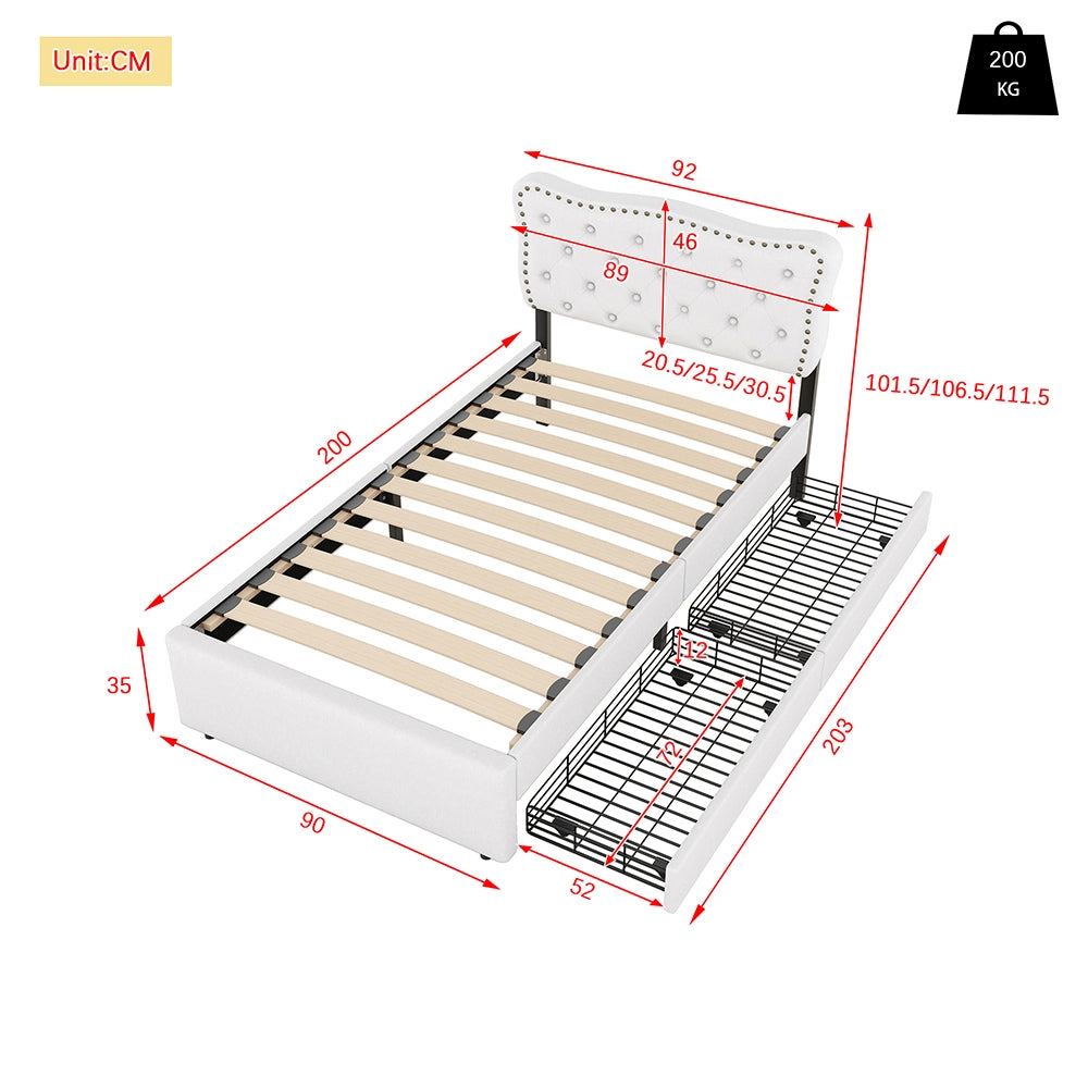 Letto imbottito per adulti 90x200 cm - Xylo - Grigio con testiera rivettata e cassetti