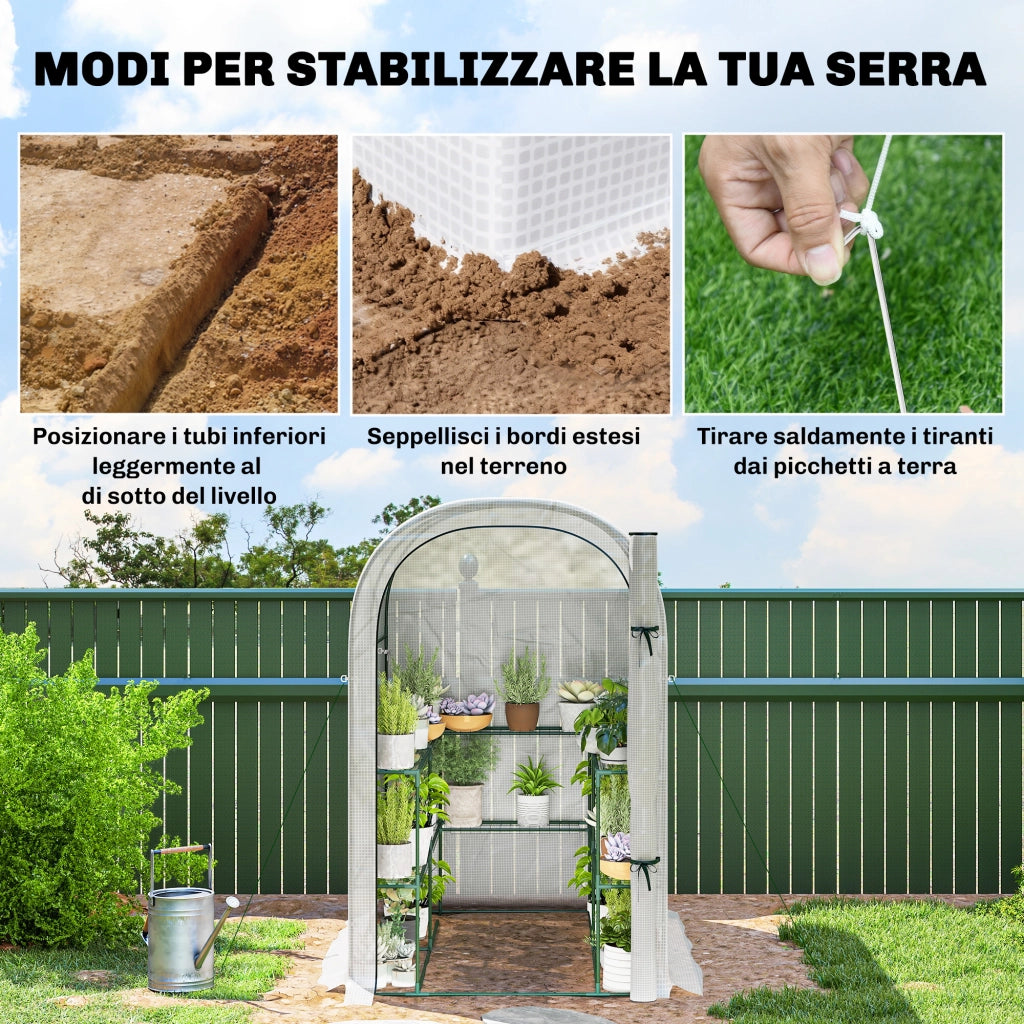 Serra da Giardino 123x187x189 cm con Scaffali a 2 Livelli e Porta Avvolgibile in Acciaio e PE Bianco