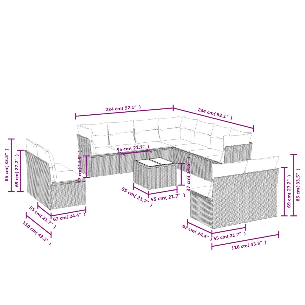 Set Divani da Giardino 12 pz con Cuscini Beige in Polyrattan