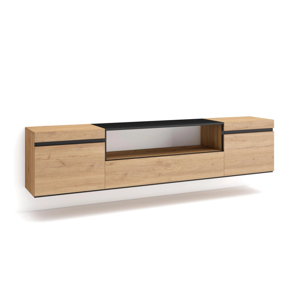 Mobile TV, 200x35x45cm, soggiorno, Per TV fino a 80", da appendere, colore Rovere e nero RF2150