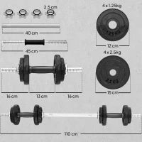 Set Pesi e Bilanciere da 20kg con Impugnature Antiscivolo, 8 Dischi Pesi, Barra Bilanciere e 2 Barre Manubri in Acciaio