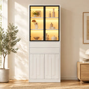 Vetrina alta ULEVR 70x34x180 cm con 4 ante, 2 cassetti, LED Bluetooth e ripiano regolabile, bianca