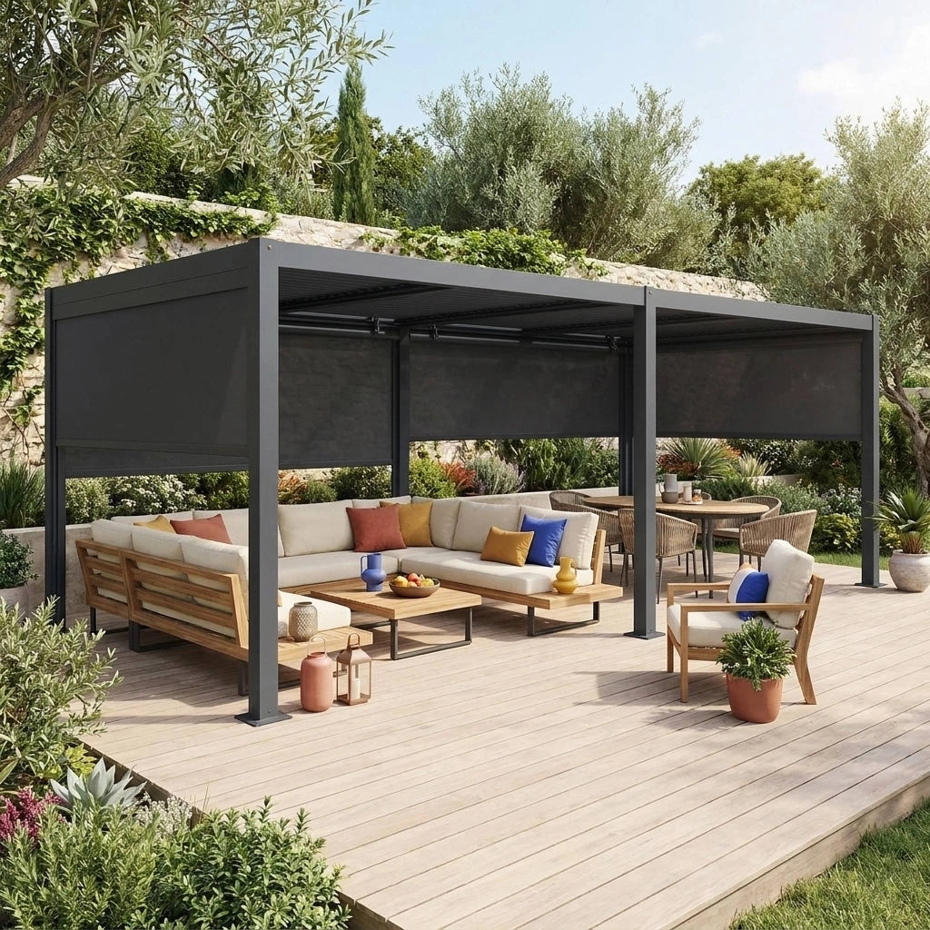 Pergola bioclimatica 3x6m in alluminio e acciaio + 4 tende 3m,