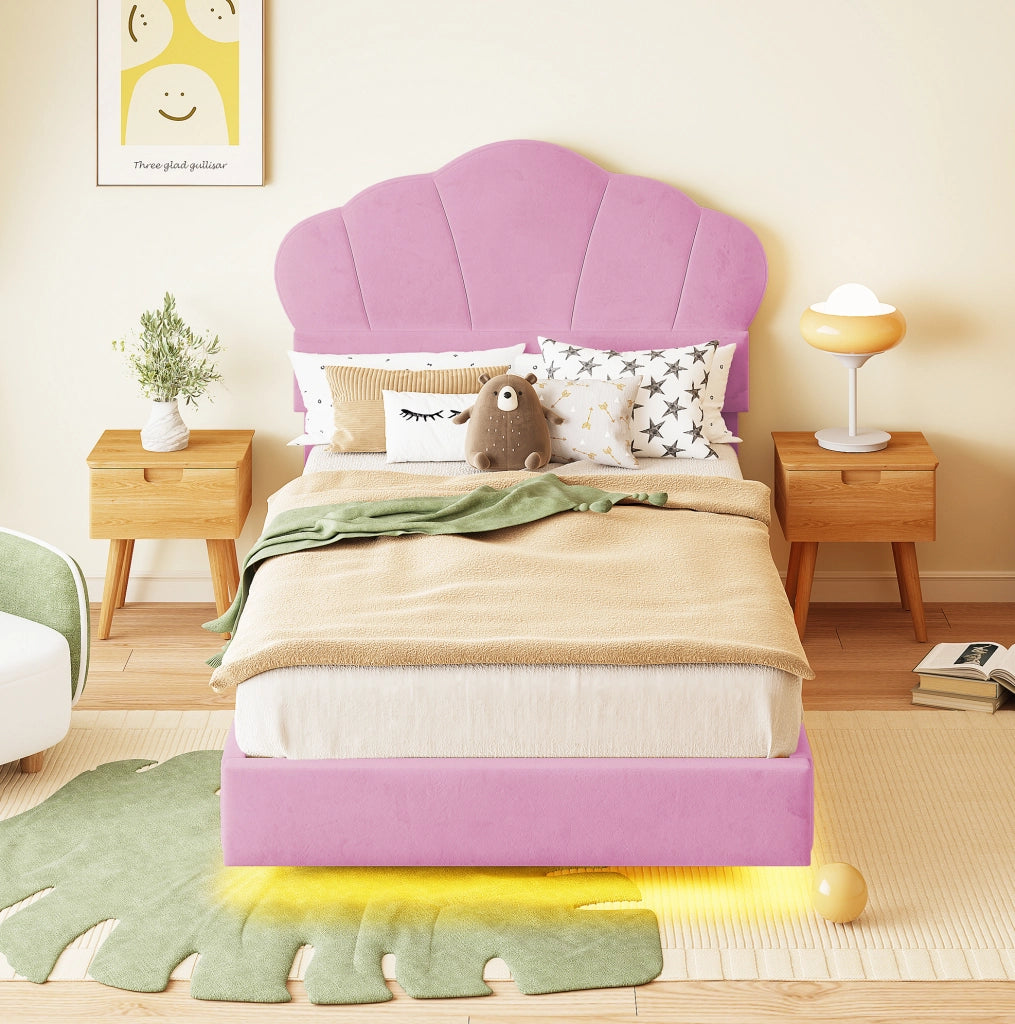 Letto imbottito 90 x 200 cm con LED; testiera a nuvola in velluto rosa