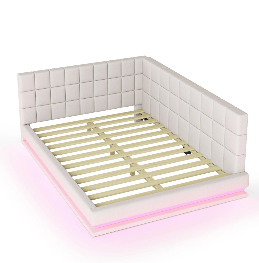 Divano letto 160x200 cm con LED e USB in lino beige
