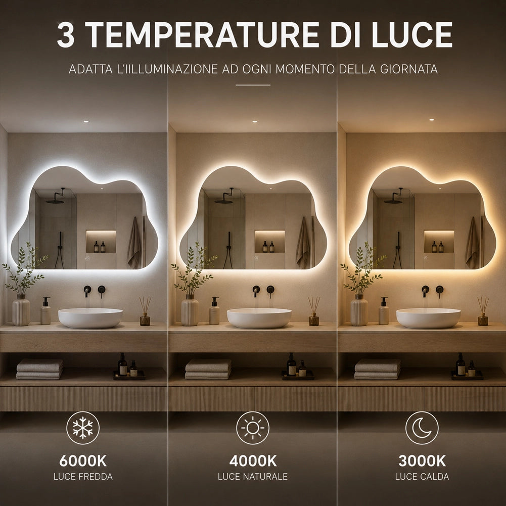 Specchio Led Nuvola con Led 3 Colori Dimmerabile 50x70 cm con Pulsante Touch