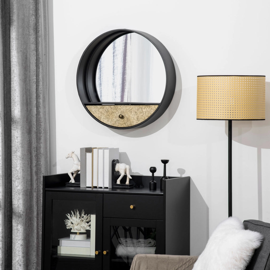 Specchio da Parete Rotondo ?61cm, Specchio Decorativo con Cassetto e Cornice in Metallo e MDF, Nero