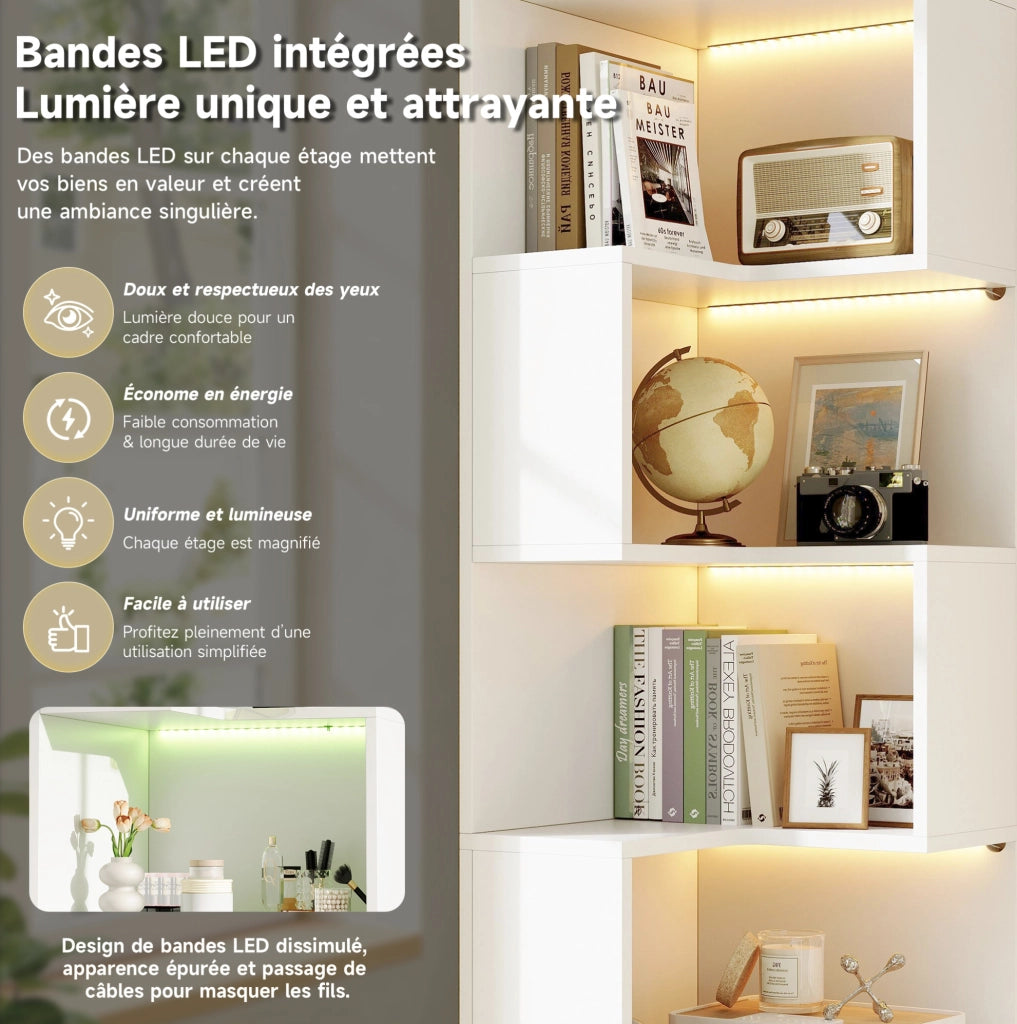 Scaffale angolare bianco con LED, 4 ripiani e 2 cassetti, 165x45x45 cm