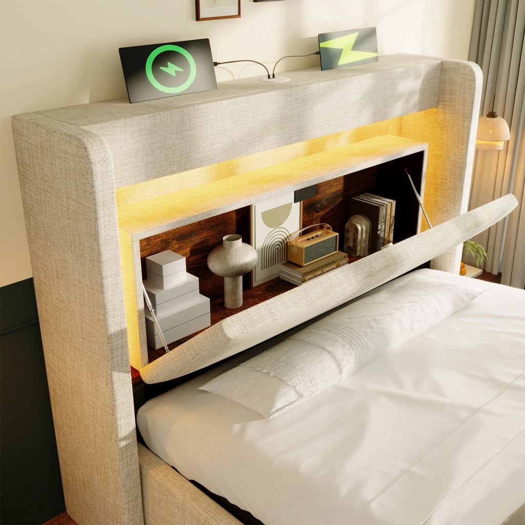 OKWISH Letto Contenitore 90×200 cm, Letto Singolo con Contenitore Idraulico, Cassetto, USB, Tipo C e LED Regolabile, senza Materasso, Lino, Beige