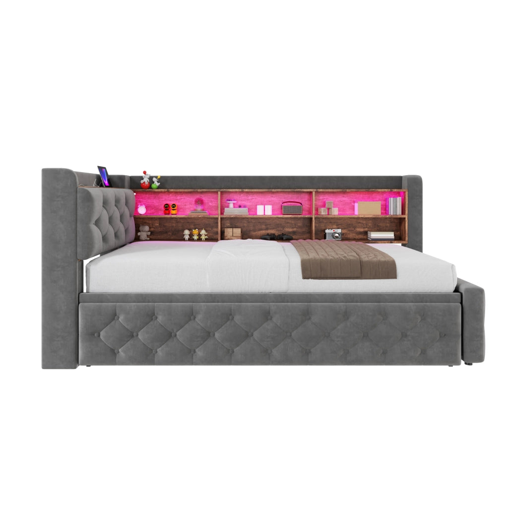 Divano letto 90x190 cm estraibile con LED; USB e Type-C in velluto grigio scuro