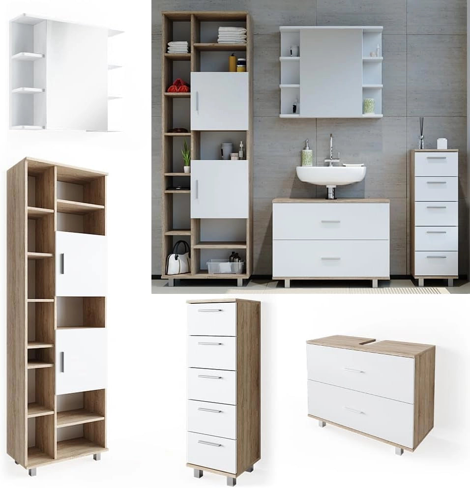 Set mobili bagno Ilias, Bianco/Sonoma, 80.2 cm, composto da mobile lavabo, pensile a specchio, colonna e base media