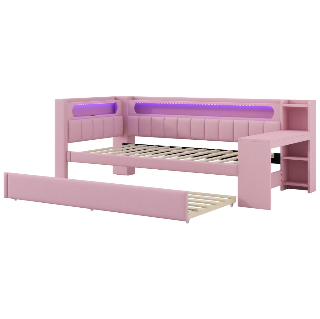 Letto a giorno 90x200 cm con letto estraibile; scrivania e LED in MDF; compensato; imbottito rosa