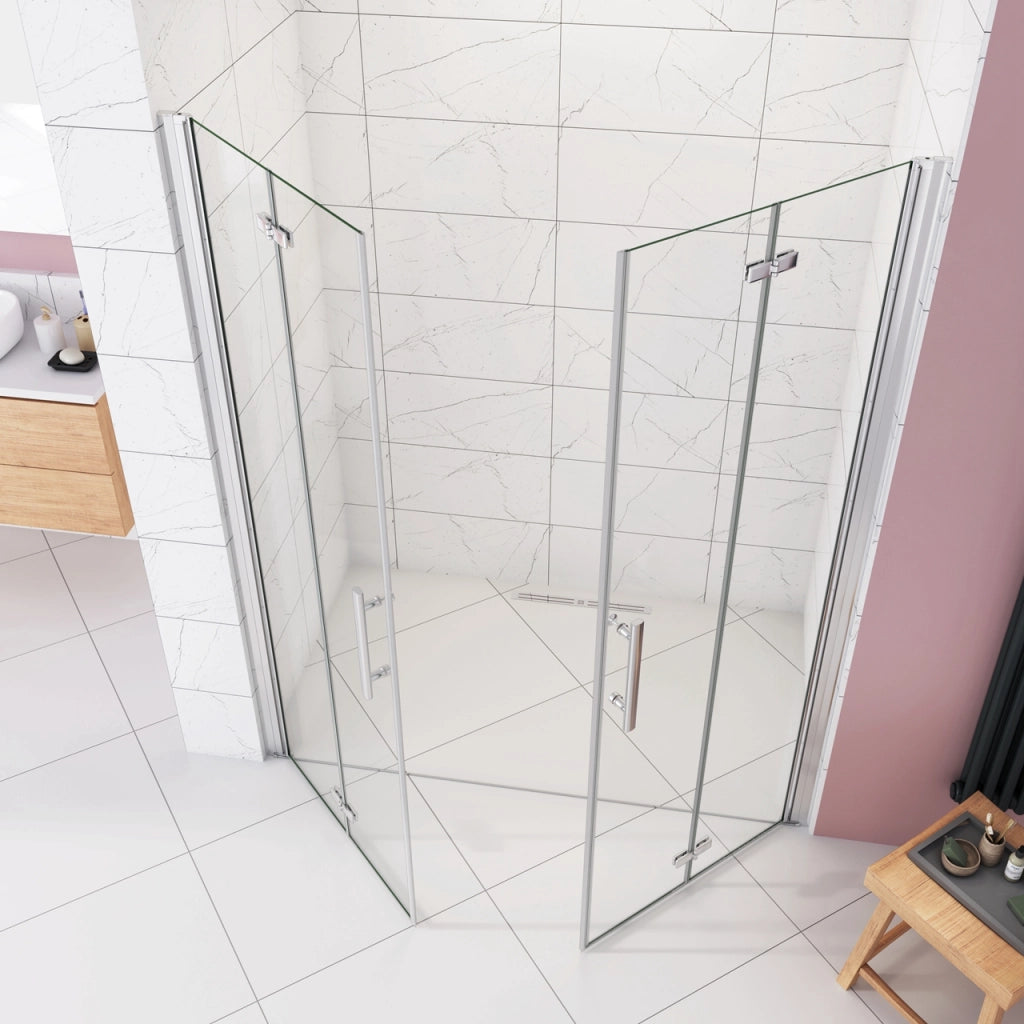 Box Doccia in Linea per Nicchia 195 cm Doppia Porta Battente 4 Ante Pieghevoli Saloon Vetro Temperato 6 mm Anticalcare 147 cm (76+76: 1438-1478 mm)
