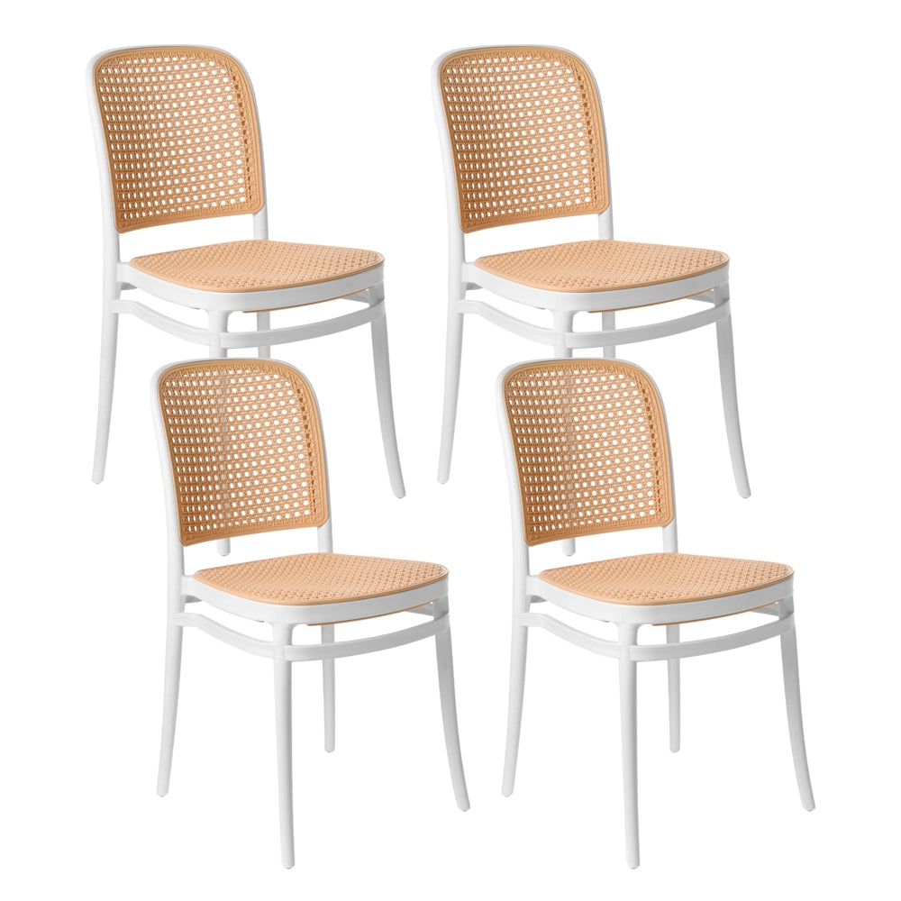 Set di 4 sedie da pranzo impilabili in plastica e senza braccioli, di colore beige e bianco stile moderno