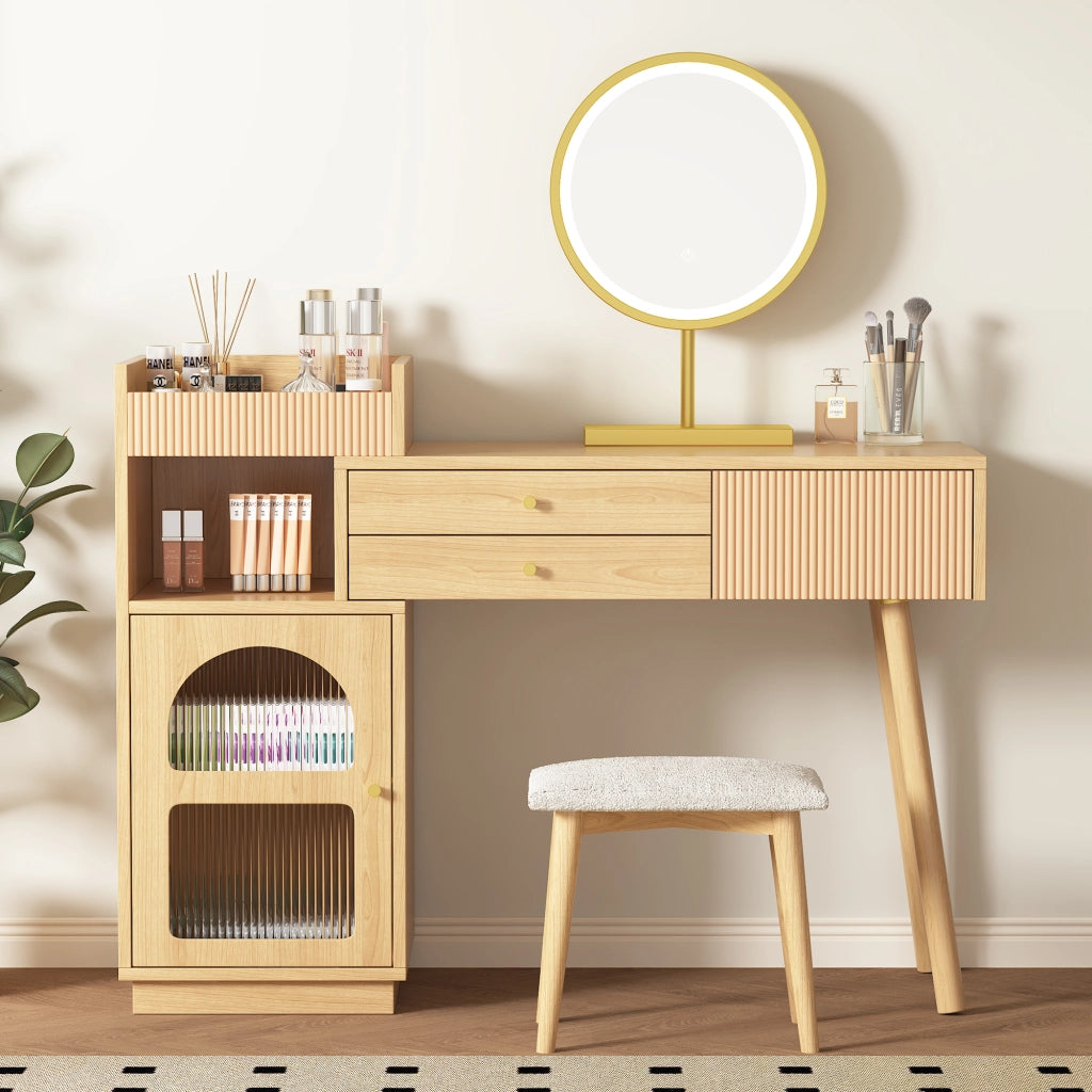 Set toeletta con specchio LED a 3 colori, 3 cassetti e mobile laterale, colore naturale