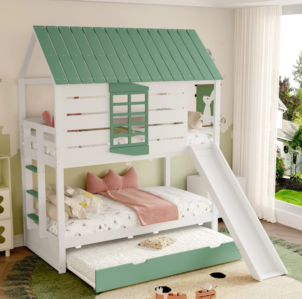 Letto a castello a casetta 90x200 cm con scivolo e letto estraibile; bianco e verde