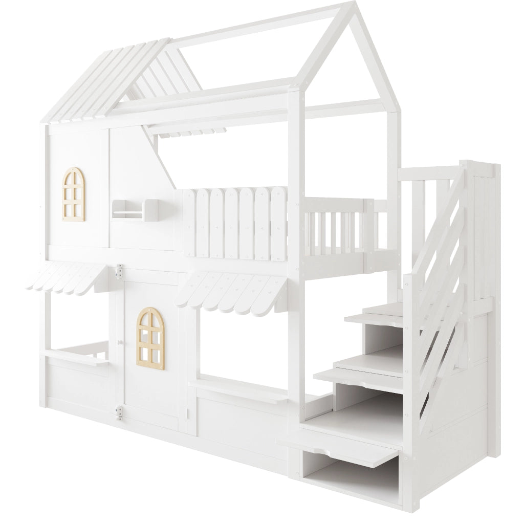 Letto a castello per bambini 90x200 cm in legno; design a casetta; bianco