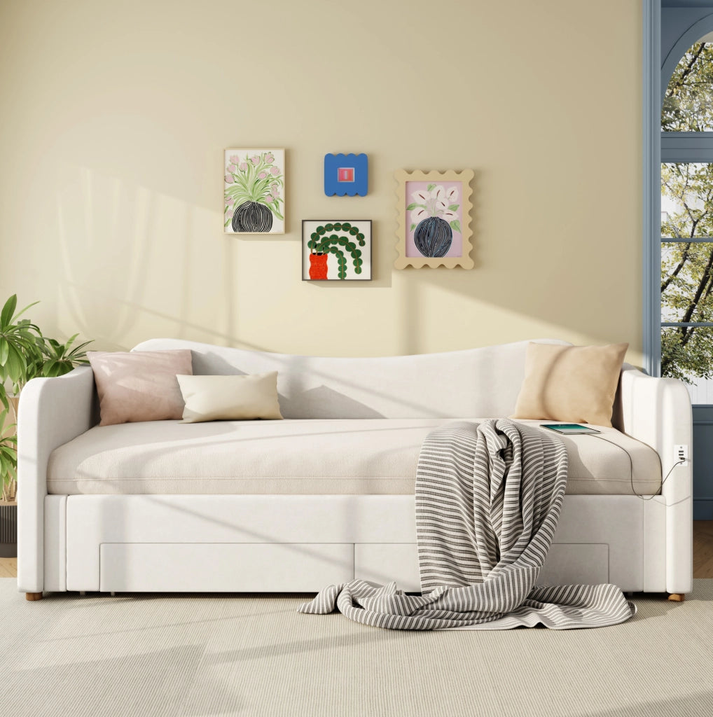 Letto imbottito estraibile 90x200/180x200 cm con 2 cassetti; USB e Type-C; velluto beige