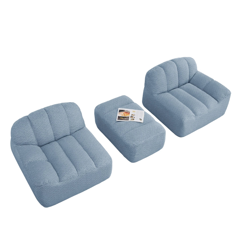 Divano modulare a L 2 posti con pouf in pile granulato blu; 210x165 cm