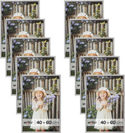 Set di 10 Cornici Foto 40x60 cm con Passepartout, Portafoto da Parete e Tavolo, Verticale o Orizzontale, in Legno Massiccio, Argento