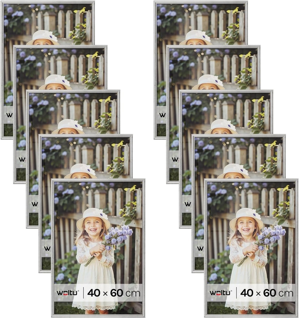 Set di 10 Cornici Foto 40x60 cm con Passepartout, Portafoto da Parete e Tavolo, Verticale o Orizzontale, in Legno Massiccio, Argento