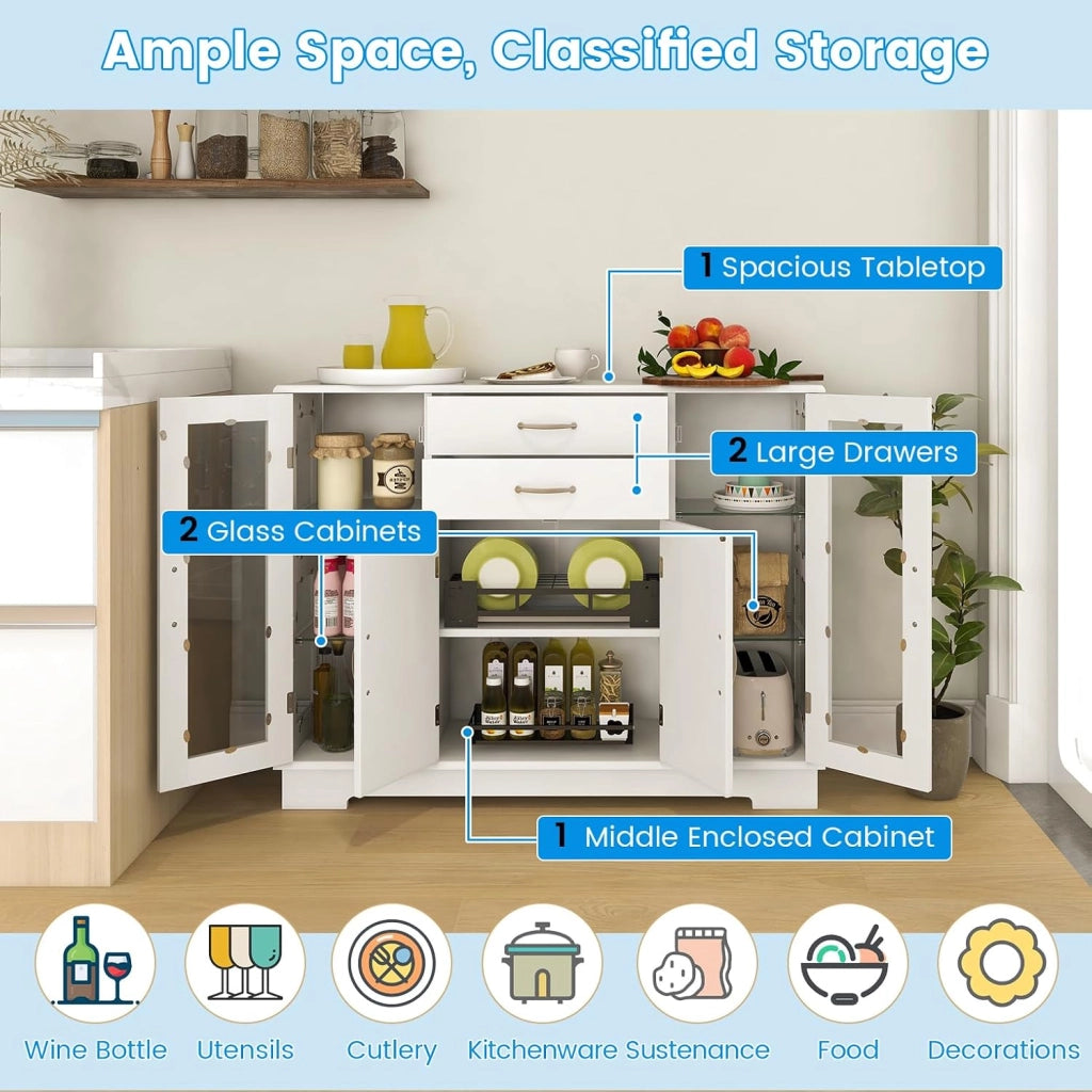 Credenza da cucina in legno, armadio a buffet multiuso con ante e ripiani in vetro temperato, mobile ausiliario per sala da pranzo, soggiorno, bagno, 107 x 30 x 81 cm