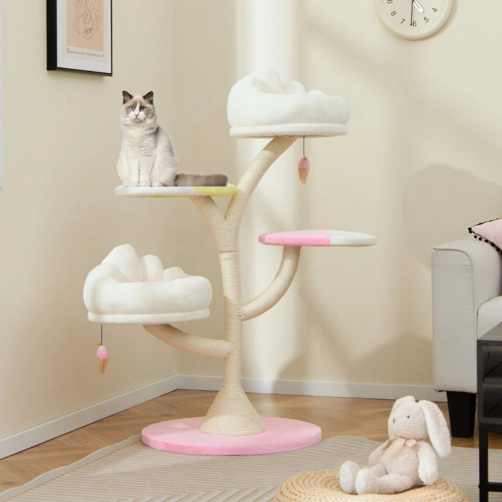 Albero per gatti con 2 piattaforme palline pendenti e tiragraffi in sisal, Centro attivit¨¤ per animali domestici Rosa-Alberi Tiragraffi