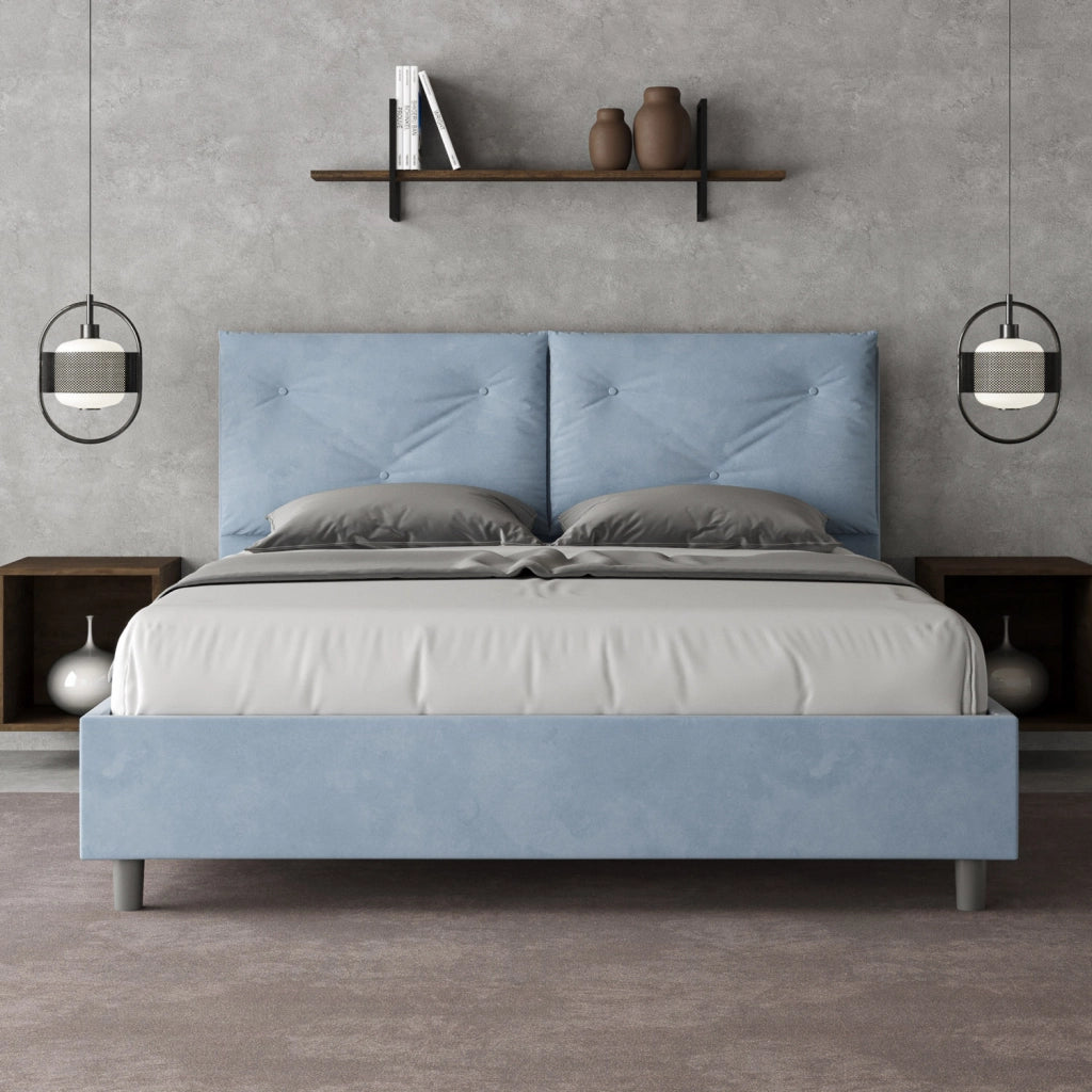 Letto Matrimoniale 160x200 cm con Rete e Contenitore Giroletto con Alzata Comoda Imbottito in Microfibra Appia Azzurro