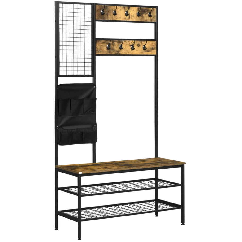 Appendiabiti da ingresso con panca; 9 ganci; lavagna memo e scarpiera; marrone; 100x40x185 cm