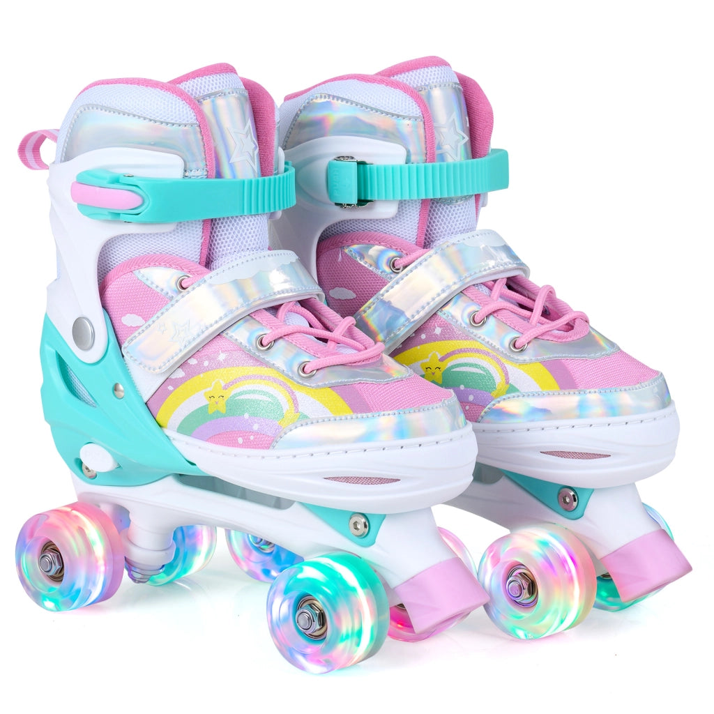 Pattini a rotelle per bambini con ruote luminose e 4 misure regolabili, Pattino a rotella per principiante con motivo a farfalla L