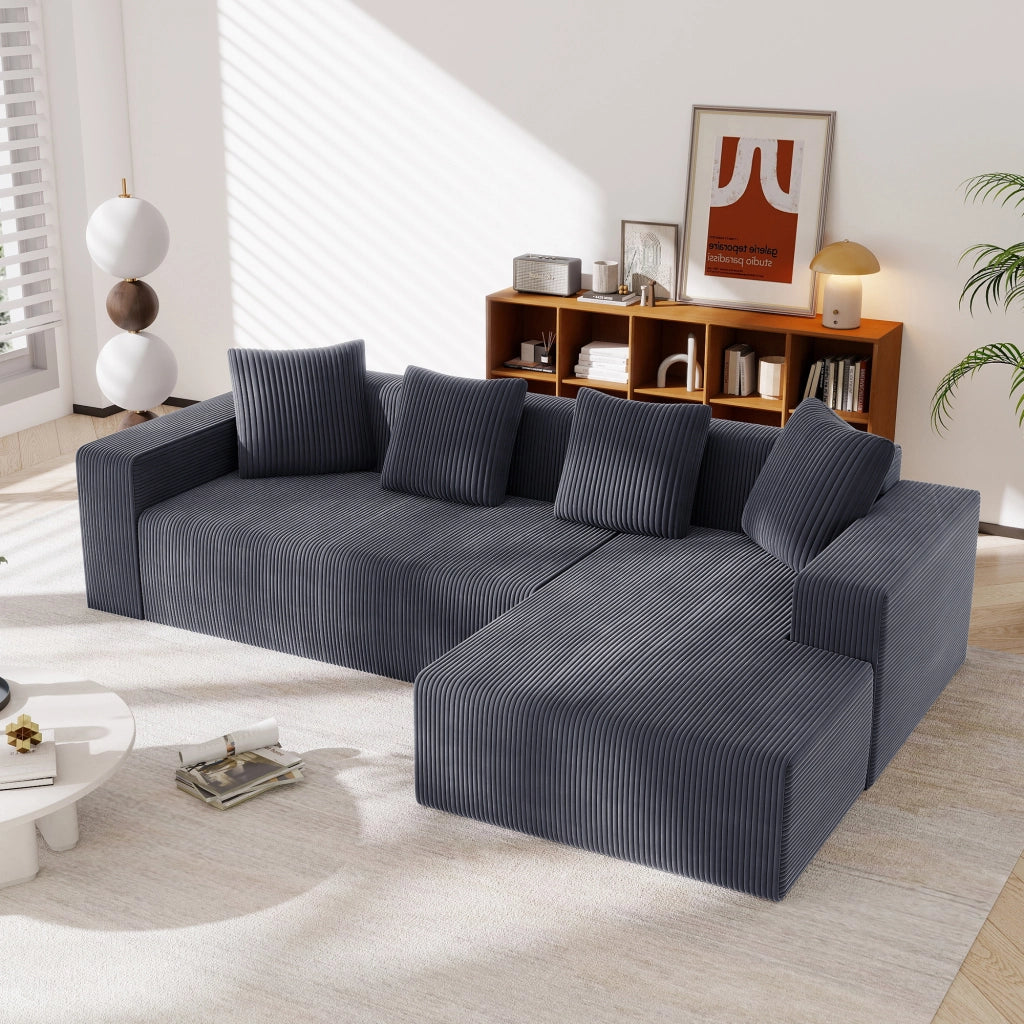 Divano modulare ad angolo con chaise longue, seduta profonda e 4 cuscini, in velluto a coste, Grigio