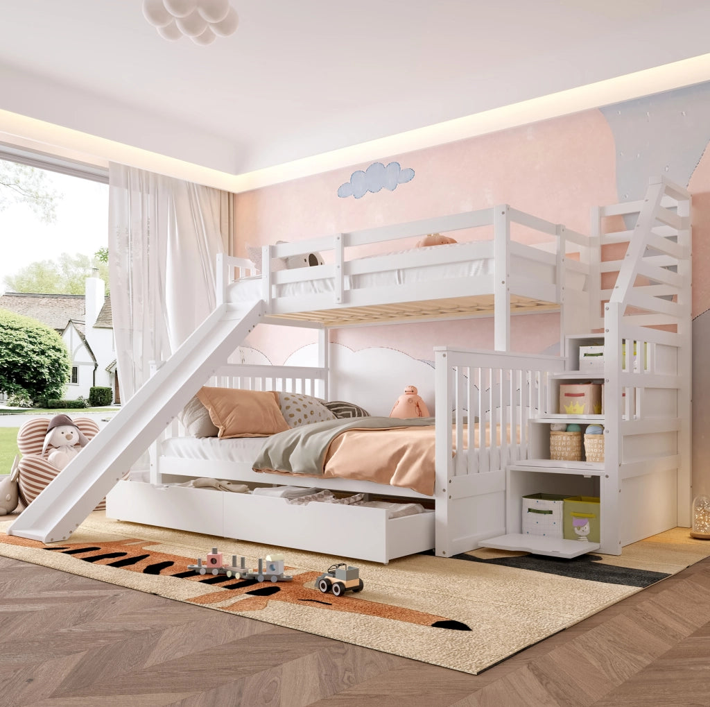Letto a castello 90x200/140x200 con scivolo, bianco antico