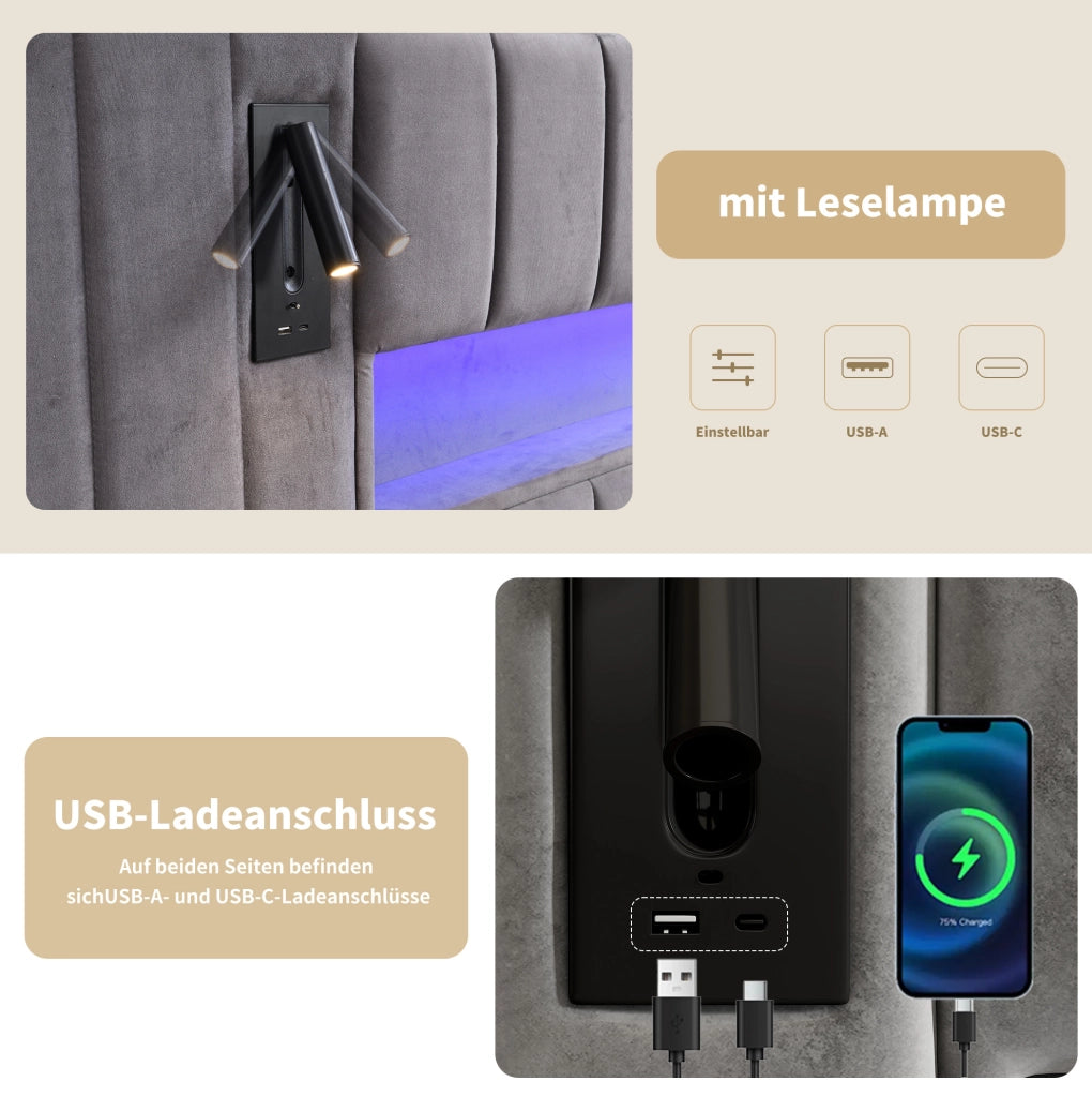 Letto imbottito in velluto grigio 180 x 200 cm con LED e USB