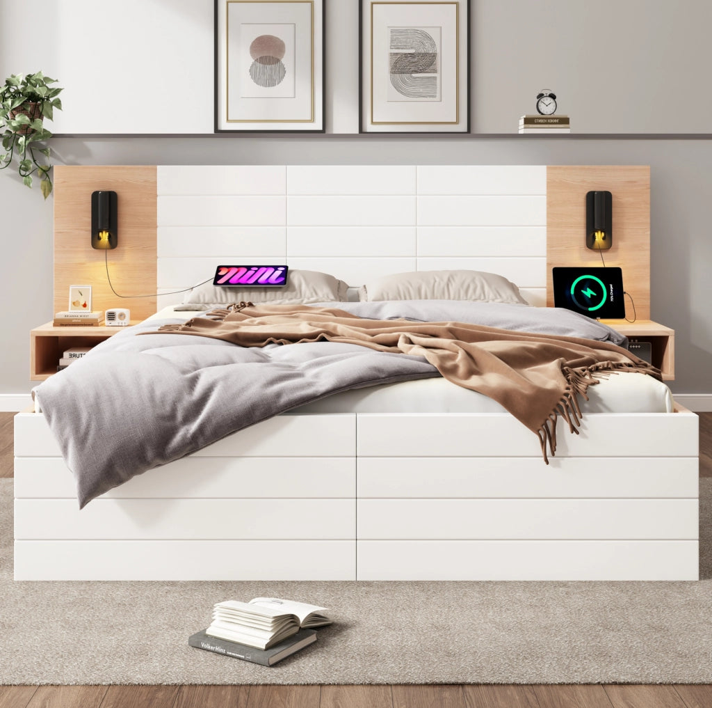 Letto matrimoniale 160x200 cm con 2 comodini; 2 cassetti; luce 360° e USB; massello/MDF; bianco e rovere chiaro